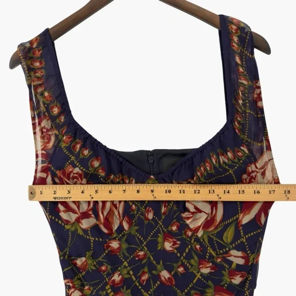 Anna Sui for Anthropologie Blue Floral Asymmetric Hem Silk Dress Size 8 - Picture 4 of 7